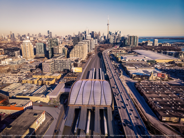 Future Exhibition Station aerial view looking east, featuring shared GO/Ontario Line station building and platforms in foreground.
