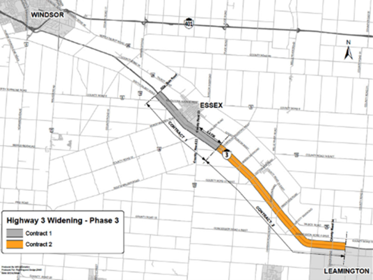 Map showing the contract area for the Highway 3 widening project in southwestern Ontario
