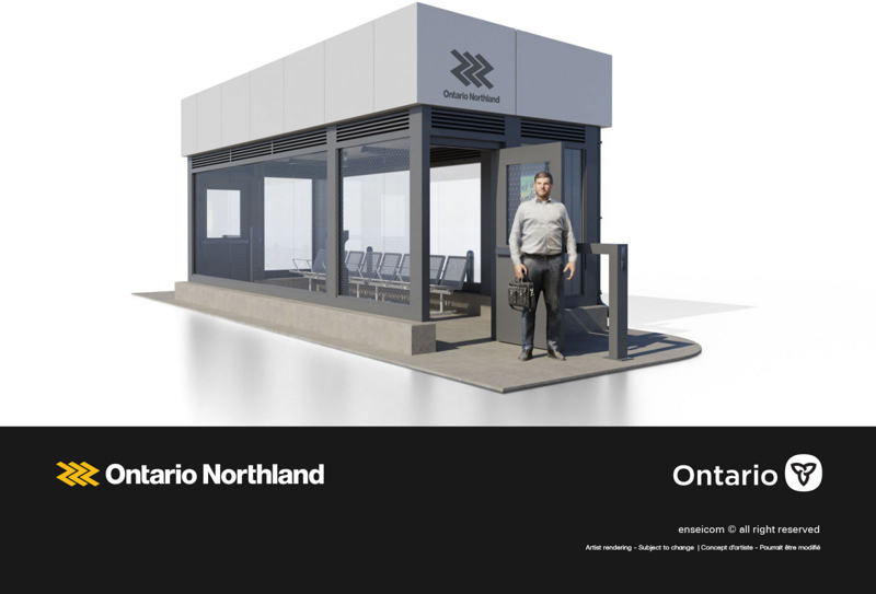 A rendering of a new Northlander shelter showcasing its sleek design and passenger-friendly features, which include comfortable seating and digital screens for passenger information.