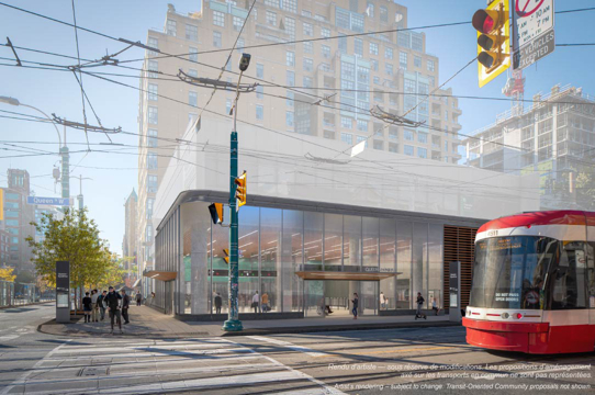 Future Ontario Line station building at the southwest corner of Queen Street West and Spadina Avenue.