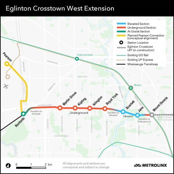 Map of the Eglinton Crosstown West Extension, showing planned stations and alignment from Mount Dennis to Renforth, with a potential future connection to Pearson Airport.