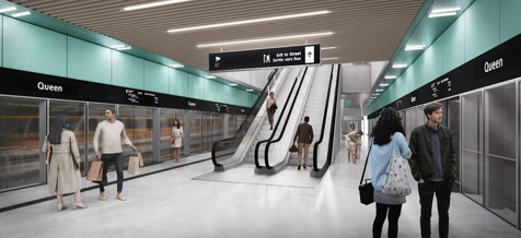 Future Ontario Line Queen Station platform interior.