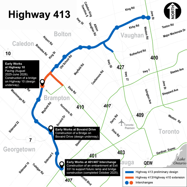 Map showing the preliminary design of Highway 413, which will connect High 400 to Highway 401/407 in the northwest Greater Toronto Area, as well as three related early works projects.