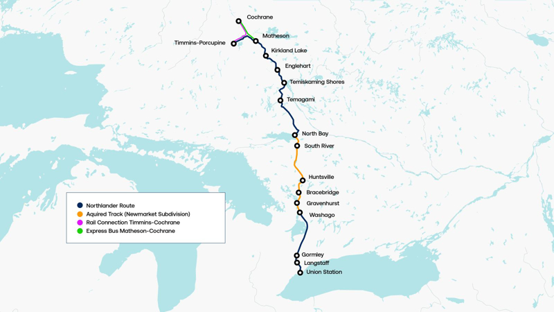 A map that highlights the acquired track of the Newmarket Subdivision