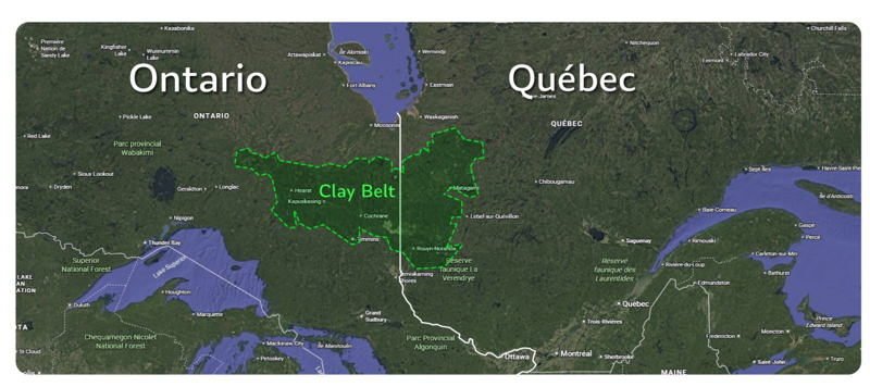 Satellite view of the Clay Belt region of northern Ontario and Quebec, with the area outlined.
