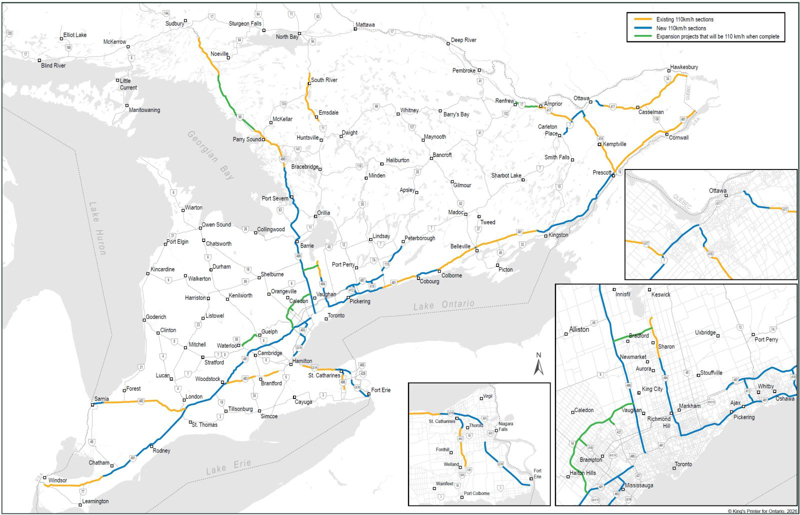 Existing 110 km/hour sections, new 110 km/hour sections, and expansion projects that will be 110 km/hour when complete