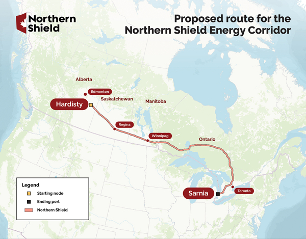 A map showing the proposed route for the Northern Shield Energy Corridor, traveling east from Hardisty, Alberta to Sarnia, Ontario.