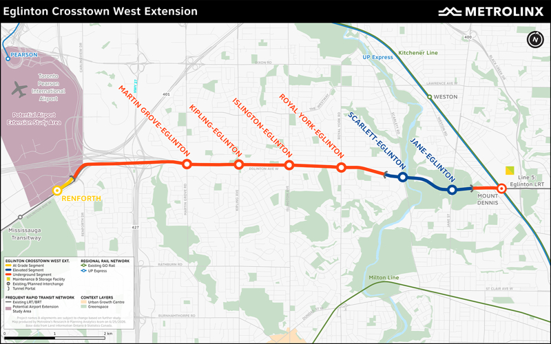 A map of the Eglinton Crosstown West Extension route.