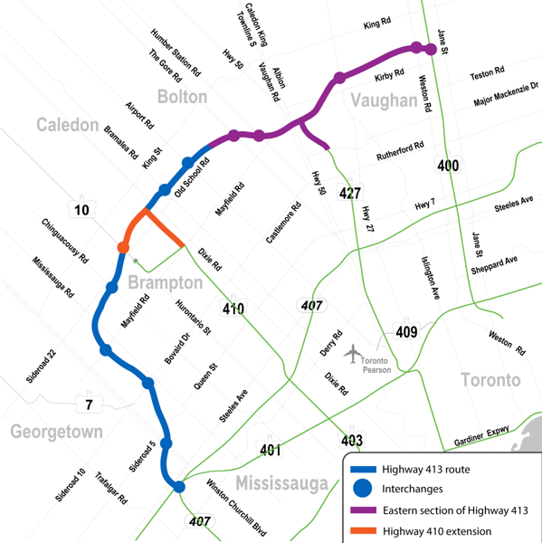 Map of Highway 413 route showing interchanges, as well as the eastern section of Highway 413 and Highway 410 extension
