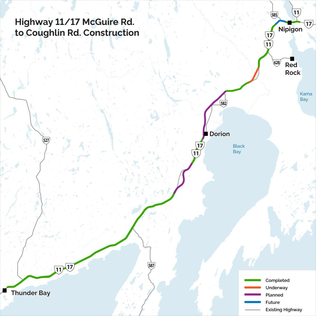Map showing the different phases of construction of Highway 11/17 between Thunder Bay and Nipigon